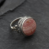 Rhodochrosite Ring, Natural Rhodochrosite, Vintage Ring, Pink Boho Ring, Large Round Ring, Statement Ring, Antique Ring, Solid Silver Ring