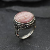Rhodochrosite Ring, Natural Rhodochrosite, Vintage Ring, Pink Boho Ring, Large Round Ring, Statement Ring, Antique Ring, Solid Silver Ring