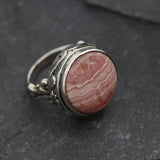 Rhodochrosite Ring, Natural Rhodochrosite, Vintage Ring, Pink Boho Ring, Large Round Ring, Statement Ring, Antique Ring, Solid Silver Ring