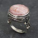 Rhodochrosite Ring, Natural Rhodochrosite, Vintage Ring, Pink Boho Ring, Large Round Ring, Statement Ring, Antique Ring, Solid Silver Ring