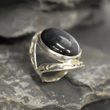 Cats Eye Ring, Natural Cats Eyes, Black Vintage Ring, Bohemian Ring, Unique Stone Ring, Black Crystal Ring, Black Ring, Solid Silver Ring