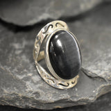 Cats Eye Ring, Natural Cats Eyes, Black Vintage Ring, Bohemian Ring, Unique Stone Ring, Black Crystal Ring, Black Ring, Solid Silver Ring