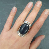 Cats Eye Ring, Natural Cats Eyes, Black Vintage Ring, Bohemian Ring, Unique Stone Ring, Black Crystal Ring, Black Ring, Solid Silver Ring