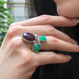Chrysoprase Ring, Natural Ruby, Statement Ring, Artisan Ring, July Birthstone, Vintage Ring, Large Ring, Artistic Ring, Solid Silver Ring