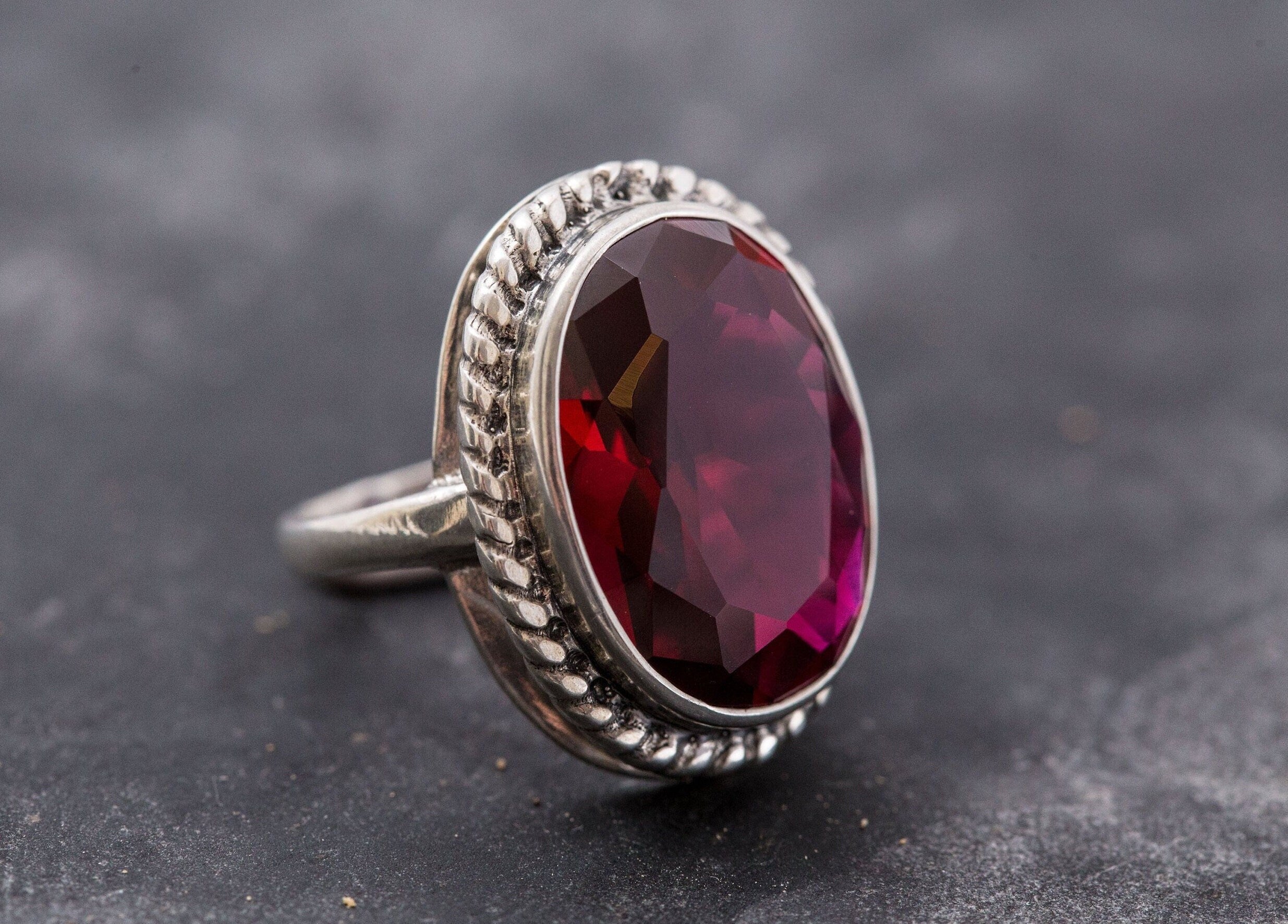 Created Ruby Ring made in 925 Sterling Silver with Oval Created Red Ruby in Bezel setting, July Birthstone gift idea, symbolizes nobility, purity, and passion, ideal for everyday wear and perfect for birthday gifting and special occasions.