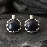 Large Sandstone Earrings, Heavy Earrings, Big Round Earrings, Vintage Earrings, Antique Leaf Earrings, Dark Blue Earrings, Silver Earrings