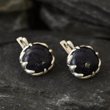 Large Sandstone Earrings, Heavy Earrings, Big Round Earrings, Vintage Earrings, Antique Leaf Earrings, Dark Blue Earrings, Silver Earrings