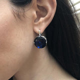 Large Sandstone Earrings, Heavy Earrings, Big Round Earrings, Vintage Earrings, Antique Leaf Earrings, Dark Blue Earrings, Silver Earrings