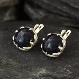 Large Sandstone Earrings, Heavy Earrings, Big Round Earrings, Vintage Earrings, Antique Leaf Earrings, Dark Blue Earrings, Silver Earrings