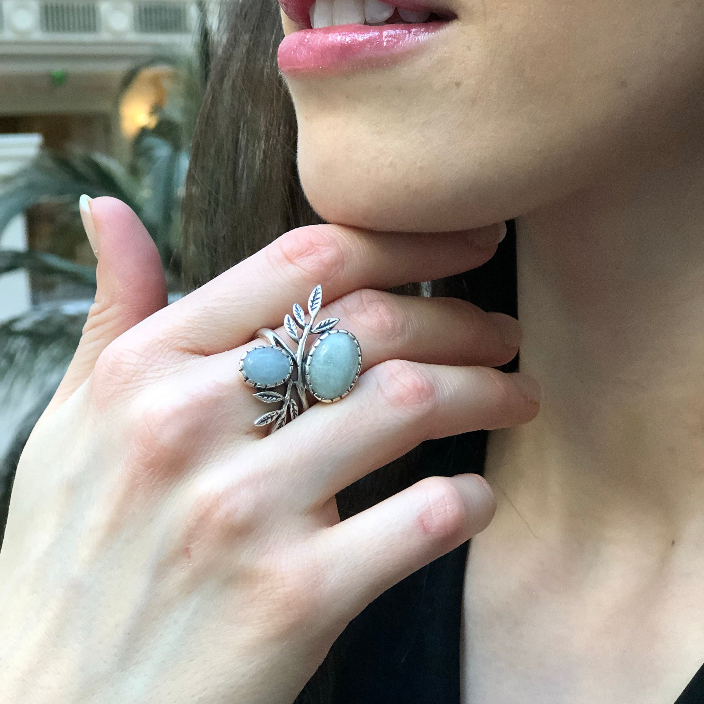 Leaf Ring, Natural Aquamarine Ring, Blue Vintage Ring, March Ring, Blue Stone Ring, March Birthstone, Inspirational Ring, Natural Blue Ring