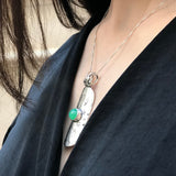 Statement Chrysoprase Necklace, Natural Chrysoprase Pendant, Long Silver Pendant, Boho Pendant, Green Gem Pendant, Silver Necklace, For Her