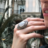 Moonstone Statement Ring, Natural Moonstone, June Birthstone, Filigree Silver Ring, Oval Moonstone Ring, Long Silver Ring, Rare By Adina
