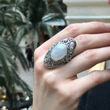 Moonstone Statement Ring, Natural Moonstone, June Birthstone, Filigree Silver Ring, Oval Moonstone Ring, Long Silver Ring, Rare By Adina