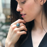 Labradorite Ring, Natural Labradorite, Silver Leaf Ring, Black Round Ring, Statement Ring, Dark Floral Ring, Leaf Ring, Solid Silver Ring