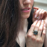 Labradorite Ring, Natural Labradorite, Silver Leaf Ring, Black Round Ring, Statement Ring, Dark Floral Ring, Leaf Ring, Solid Silver Ring