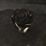 Large Black Rose Ring, Black Agate Ring, Flower Ring, Statement Ring, Rose Carved Ring, Gothic Ring, Chunky Flower Ring, Solid Silver Ring