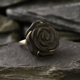 Large Black Rose Ring, Black Agate Ring, Flower Ring, Statement Ring, Rose Carved Ring, Gothic Ring, Chunky Flower Ring, Solid Silver Ring