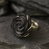 Large Black Rose Ring, Black Agate Ring, Flower Ring, Statement Ring, Rose Carved Ring, Gothic Ring, Chunky Flower Ring, Solid Silver Ring