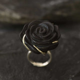 Large Black Rose Ring, Black Agate Ring, Flower Ring, Statement Ring, Rose Carved Ring, Gothic Ring, Chunky Flower Ring, Solid Silver Ring