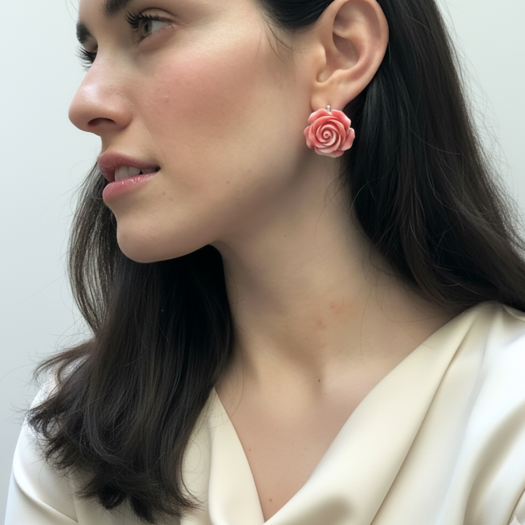 Stunning Coral Rose Earrings in 925 Sterling Silver, perfect for elevating everyday looks and making special occasions memorable.