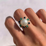 Natural Pearl Ring - Pearl Halo Ring - Multistone Statement Ring
