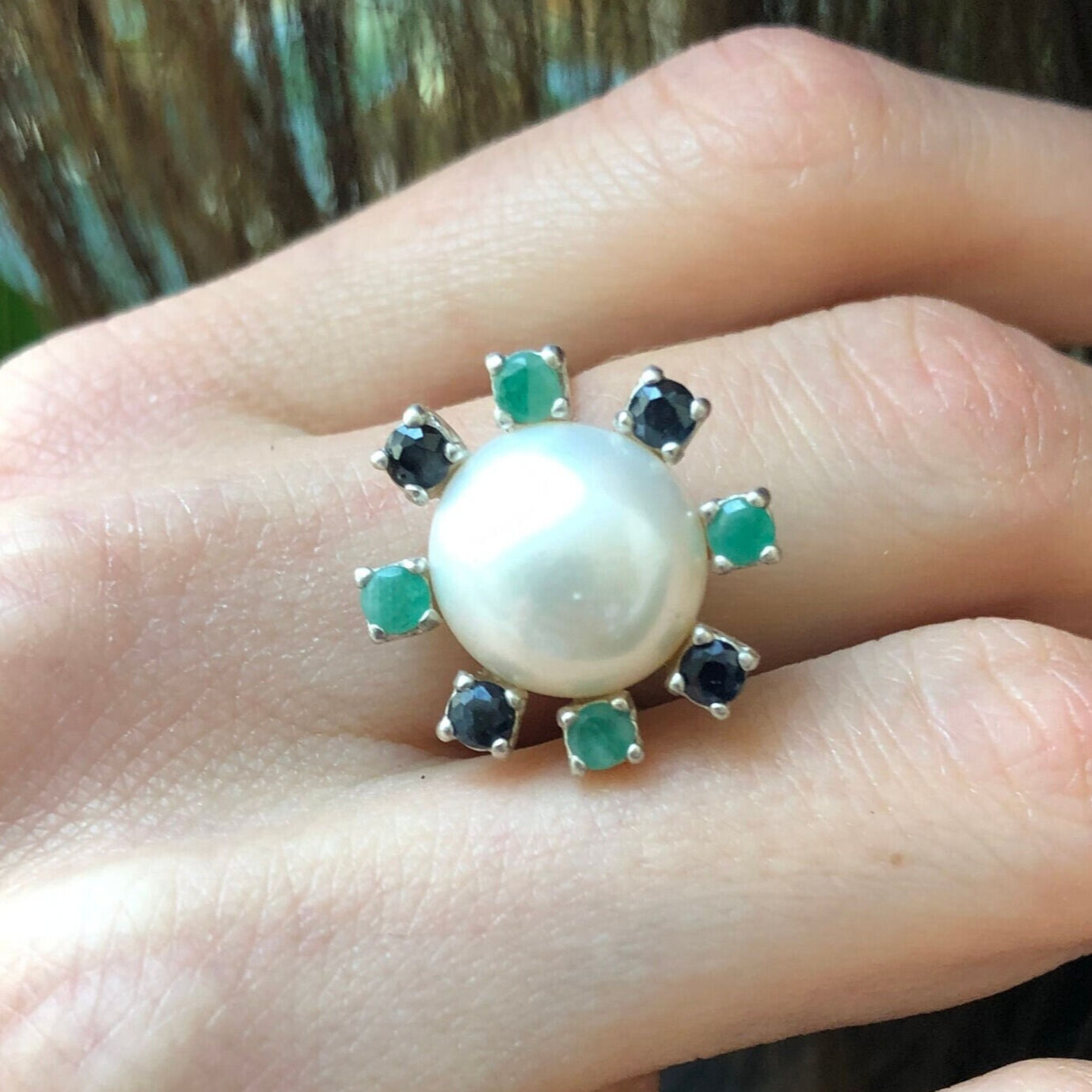 White Pearl Ring, Natural Pearl Ring, June Birthstone, Flower Ring, Vintage Pearl Ring, Real Pearl Ring, Multistone Ring, Solid Silver Ring