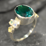 Emerald Ring, Created Emerald, Green Emerald Ring, Victorian Ring, Vintage Green Ring, Green Oval Ring, Natural Opal Ring, Solid Silver Ring