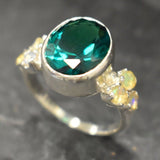 Emerald Ring, Created Emerald, Green Emerald Ring, Victorian Ring, Vintage Green Ring, Green Oval Ring, Natural Opal Ring, Solid Silver Ring