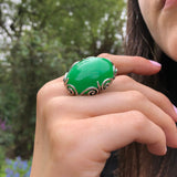 Green Agate Ring, Natural Green Agate Ring, Green Leaf Ring, Large Green Agate Ring, Silver Statement Ring, Green Boho Ring, Rare by Adina