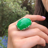 Green Agate Ring, Natural Green Agate Ring, Green Leaf Ring, Large Green Agate Ring, Silver Statement Ring, Green Boho Ring, Rare by Adina