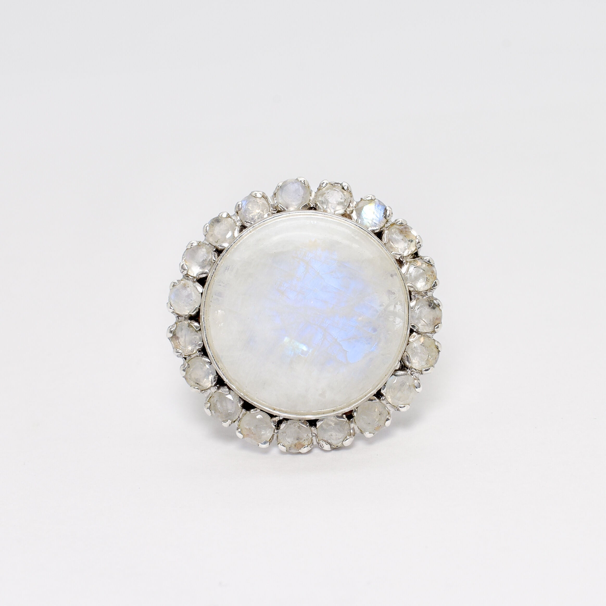 Large Moonstone Ring, White Statement Ring, Natural Rainbow Moonstone, Vintage Ring, Large Round Ring, June Birthstone, Solid Silver Ring