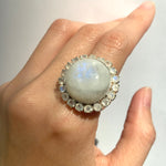 Large Moonstone Ring, White Statement Ring, Natural Rainbow Moonstone, Vintage Ring, Large Round Ring, June Birthstone, Solid Silver Ring