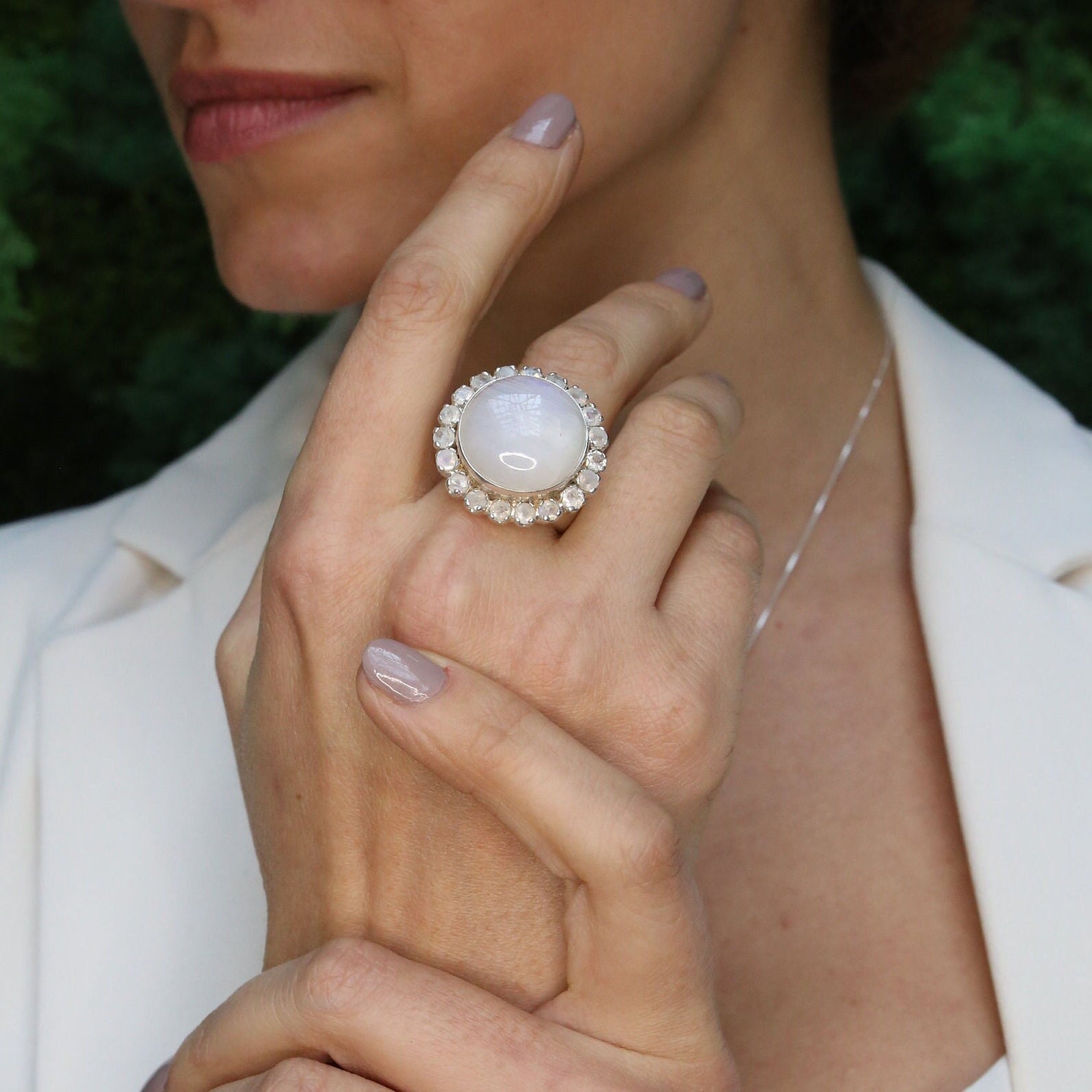 Large Moonstone Ring, White Statement Ring, Natural Rainbow Moonstone, Vintage Ring, Large Round Ring, June Birthstone, Solid Silver Ring