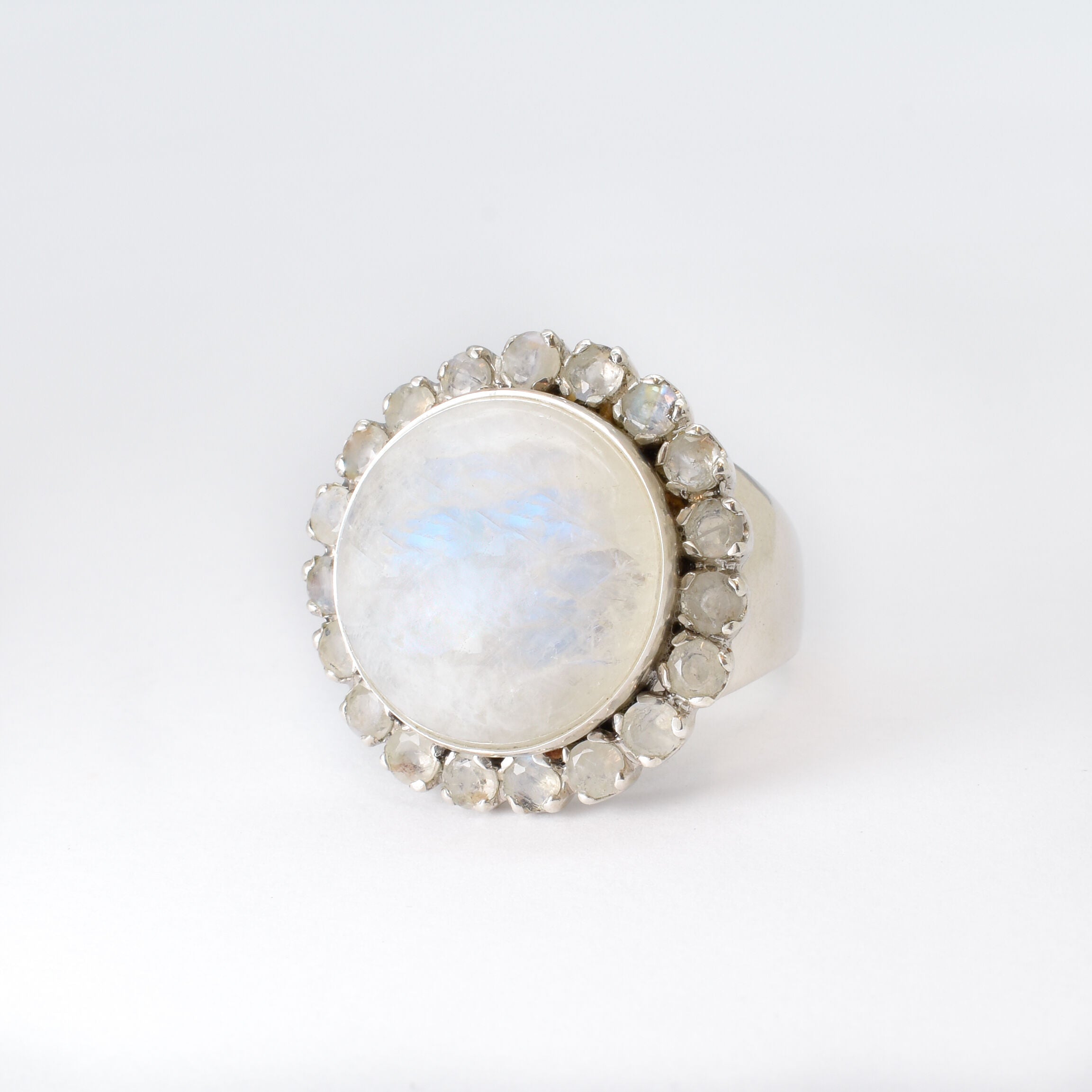 Large Moonstone Ring, White Statement Ring, Natural Rainbow Moonstone, Vintage Ring, Large Round Ring, June Birthstone, Solid Silver Ring