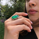 Emerald Ring, Created Emerald, Green Emerald Ring, Silver Leaf Ring, Vintage Leaf Ring, Green Oval Ring, Chunky Green Ring, 925 Silver Ring