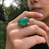Emerald Ring, Created Emerald, Green Emerald Ring, Silver Leaf Ring, Vintage Leaf Ring, Green Oval Ring, Chunky Green Ring, 925 Silver Ring