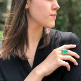 Emerald Ring, Created Emerald, Green Emerald Ring, Silver Leaf Ring, Vintage Leaf Ring, Green Oval Ring, Chunky Green Ring, 925 Silver Ring