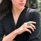 Emerald Ring, Created Emerald, Green Emerald Ring, Silver Leaf Ring, Vintage Leaf Ring, Green Oval Ring, Chunky Green Ring, 925 Silver Ring