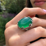 Emerald Ring, Created Emerald, Green Emerald Ring, Silver Leaf Ring, Vintage Leaf Ring, Green Oval Ring, Chunky Green Ring, 925 Silver Ring
