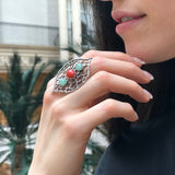 Red Coral Ring, Natural Red Coral Ring, Silver Leaf Ring, Statement Ring, Natural Emerald Ring, Artistic Ring, Coral Ring, Rare by Adina