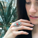 Red Coral Ring, Natural Red Coral Ring, Silver Leaf Ring, Statement Ring, Natural Emerald Ring, Artistic Ring, Coral Ring, Rare by Adina
