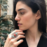Red Coral Ring, Natural Red Coral Ring, Silver Leaf Ring, Statement Ring, Natural Emerald Ring, Artistic Ring, Coral Ring, Rare by Adina