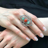 Red Coral Ring, Natural Red Coral Ring, Silver Leaf Ring, Statement Ring, Natural Emerald Ring, Artistic Ring, Coral Ring, Rare by Adina