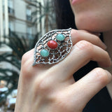 Red Coral Ring, Natural Red Coral Ring, Silver Leaf Ring, Statement Ring, Natural Emerald Ring, Artistic Ring, Coral Ring, Rare by Adina