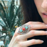 Red Coral Ring, Natural Red Coral Ring, Silver Leaf Ring, Statement Ring, Natural Emerald Ring, Artistic Ring, Coral Ring, Rare by Adina