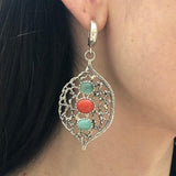 Emerald Statement Earrings, Natural Emerald Earrings, Three Stone Earrings, Silver Dangling Earrings, Boho Earrings, Leaf Earrings, For Her