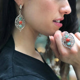 Emerald Statement Earrings, Natural Emerald Earrings, Three Stone Earrings, Silver Dangling Earrings, Boho Earrings, Leaf Earrings, For Her
