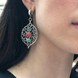 Emerald Statement Earrings, Natural Emerald Earrings, Three Stone Earrings, Silver Dangling Earrings, Boho Earrings, Leaf Earrings, For Her