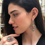 Emerald Statement Earrings, Natural Emerald Earrings, Three Stone Earrings, Silver Dangling Earrings, Boho Earrings, Leaf Earrings, For Her