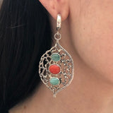 Emerald Statement Earrings, Natural Emerald Earrings, Three Stone Earrings, Silver Dangling Earrings, Boho Earrings, Leaf Earrings, For Her